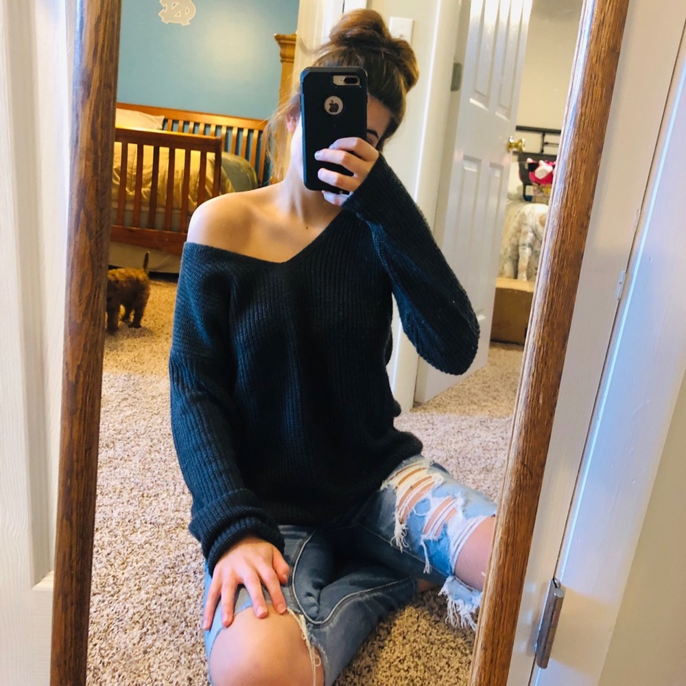 Oversized Boho Charcoal Sweater With Criss Cross